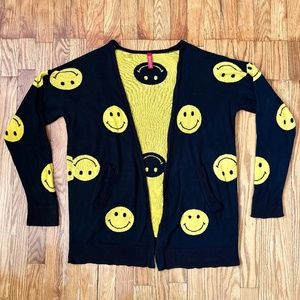 H&M Divided Smiley Face Cardigan Sweater Open Front Pockets Black Yellow S/M